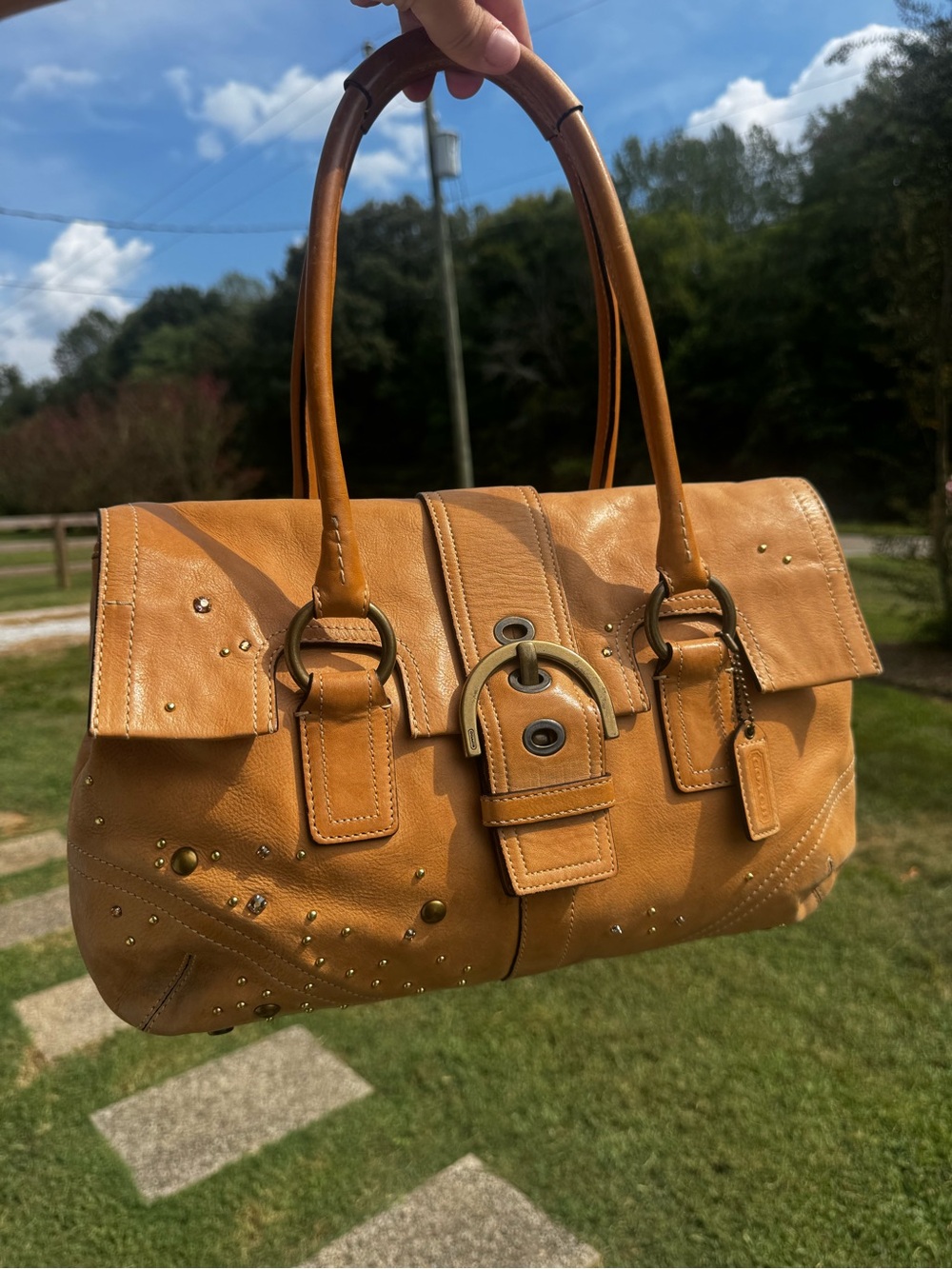 Coach Tan Leather Studded Satchel Handbag